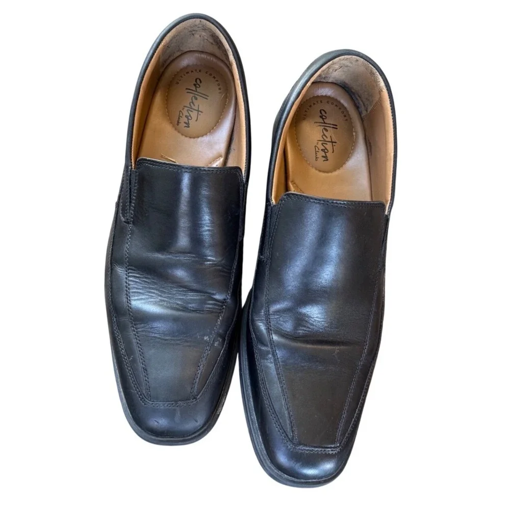 Clarks Collection Loafers Mens 10.5 Black Good Leather Square Toe Slip On Shoes